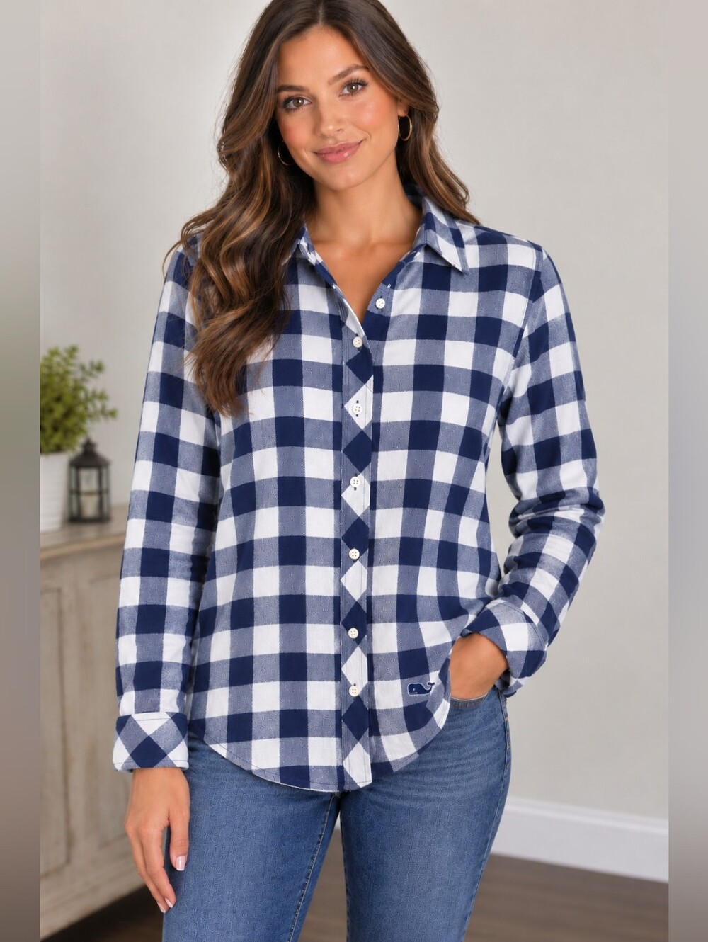 Vineyard Vines  Navy and Light Blue Check Button-Down Shirt